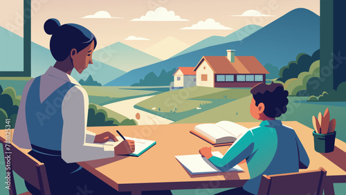 In a serene countryside setting a person sits at a wooden desk with a local tutor their textbooks sprawled out in front of them. They listen