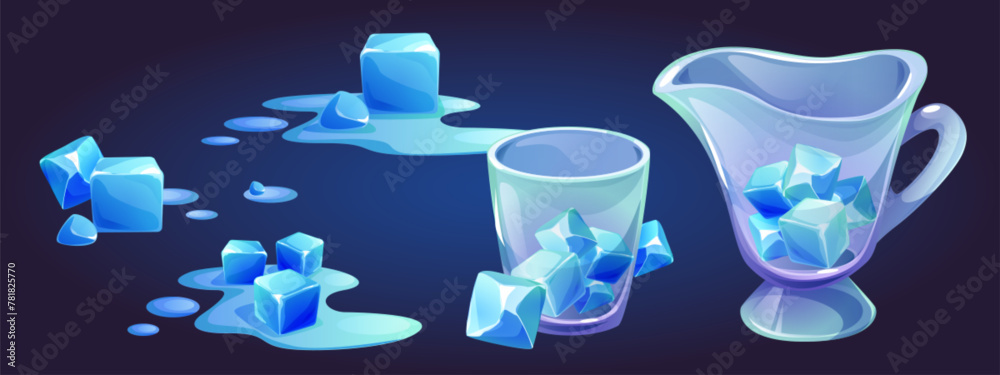 Naklejka premium Ice cube melt in water cartoon icon illustration. Glass container for frozen square icecube clipart set. Cold jug and cup with melting liquid puddle element. Science experiment with freezing piece
