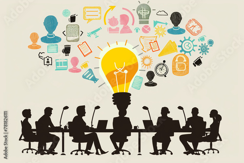 Conceptual Meeting with Creative Mind Map - A conceptual business meeting with silhouetted figures and a creative mind map composed of lightbulb illustrations and symbols.