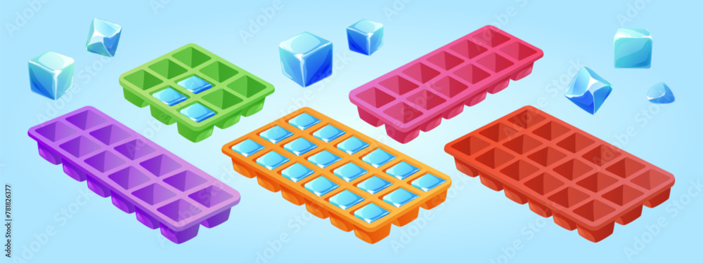 Naklejka premium Ice cube tray. Frozen water mold icon isolated. Square container for kitchen refrigerator clipart. Isometric form for freezing liquid drink. Icicle piece pack to refrigerate drawing graphic asset
