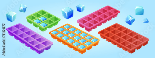 Ice cube tray. Frozen water mold icon isolated. Square container for kitchen refrigerator clipart. Isometric form for freezing liquid drink. Icicle piece pack to refrigerate drawing graphic asset photo