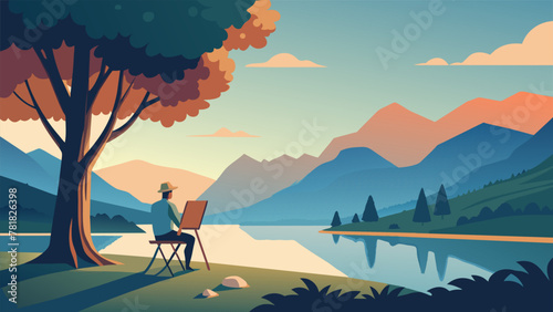 In the dappled shade of a grand maple an amateur painter works with oil paints capturing the golden hour light highlighting a tranquil pond and