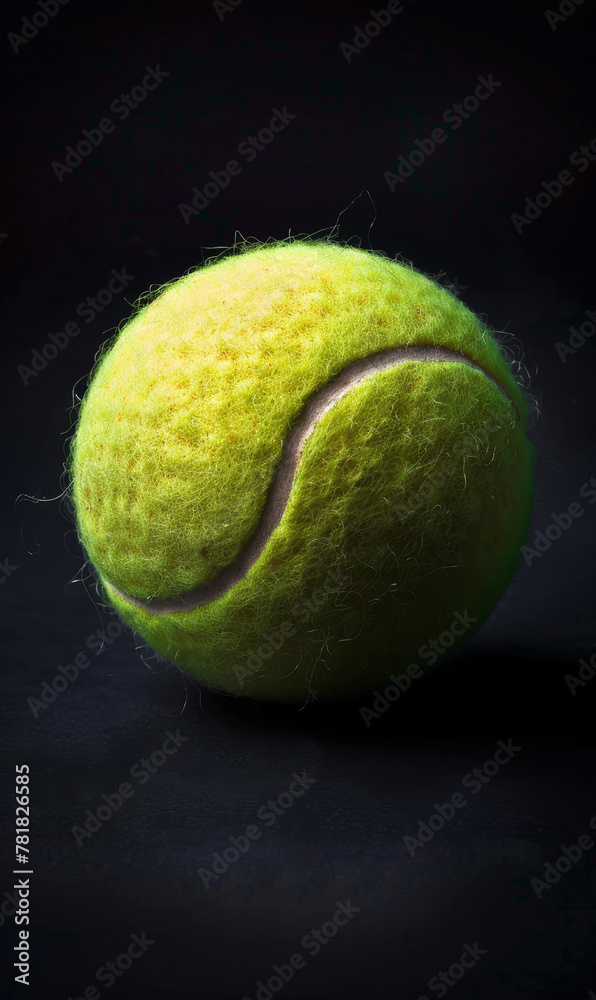Isolated tennis ball on black background with space for copy text.