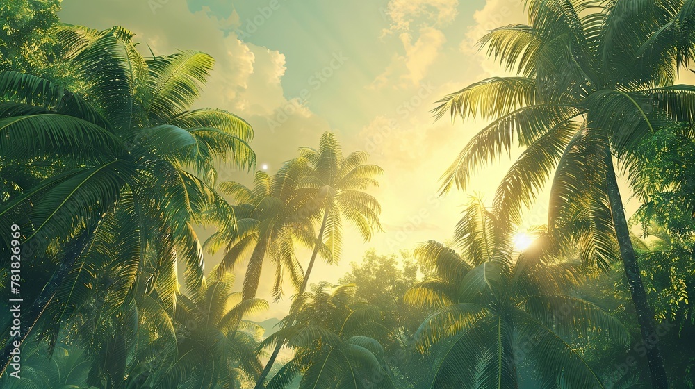 Tranquil scene of tropical paradise, with muted tones accentuating the beauty of towering palm trees against a soft sky. - obrazy, fototapety, plakaty 