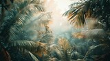 Calming tropical ambiance captured in muted tones, showcasing the elegance of tropical trees swaying in a gentle breeze.