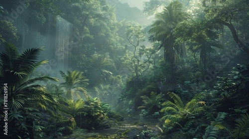 Tranquil tropical forest with muted tones, inviting viewers to explore the natural beauty of towering trees and dense foliage.