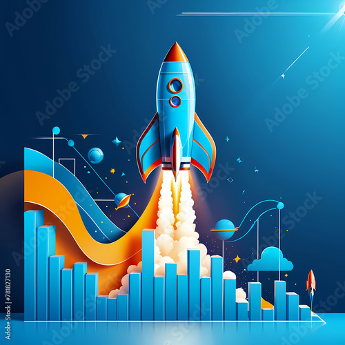 Illustration of rocket in space, abstract growth graph chart with launch rocket on technology blue background, startup and success building business concept, generative AI 