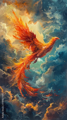 Celestial Phoenix, Glowing Feathers, Majestic creature soaring through a vibrant sky, realistic painting, Backlighting, HDR © Kumrop