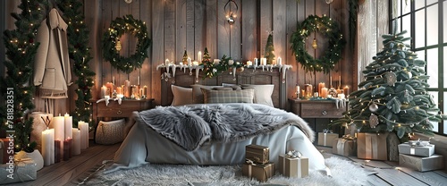 Studio decorations with Christmas rustic wooden bedroom interior in gray, white, silver colours with baldaquin bed, fake fur blanket, candles, Christmas fir tree and gifts on floor. Christmas morning photo