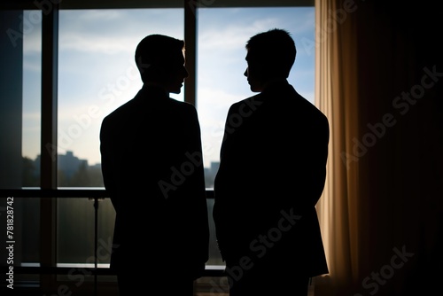 Two men in suits are standing next to each other, looking out the window