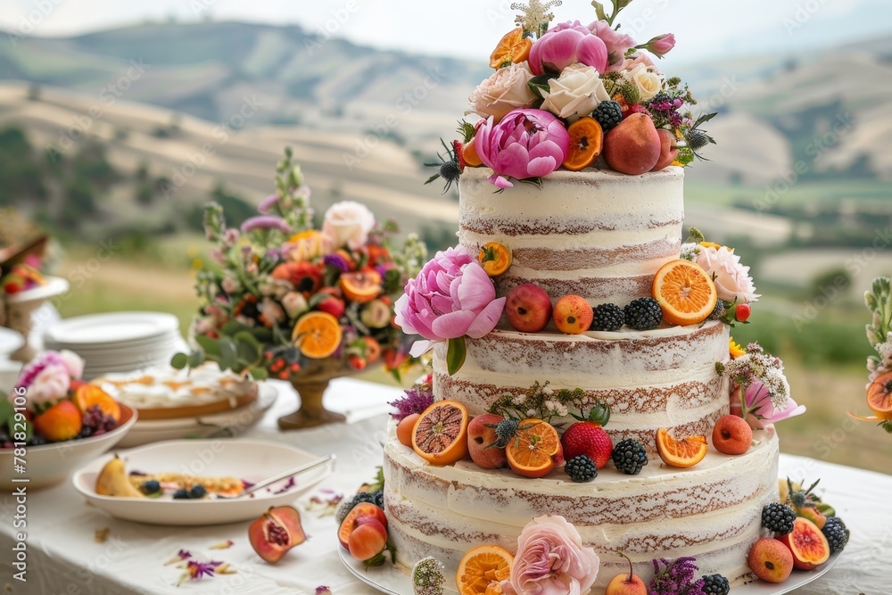 A rustic, eco friendly cake features vegan, gluten free tiers, adorned with seasonal fruits and flowers in a countryside setting. A rustic, eco friendly cake features vegan, gluten free tiers, adorned with seasonal fruits and flowers in a countryside setting.