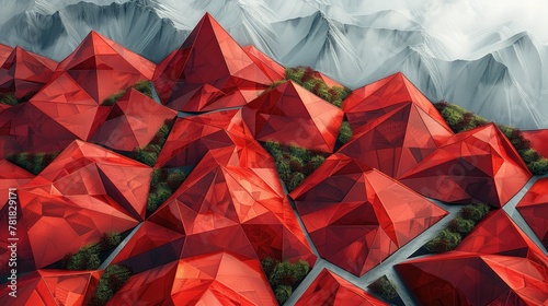 Aerial view of a geometric landscape composed of intersecting red triangles. Generative AI.