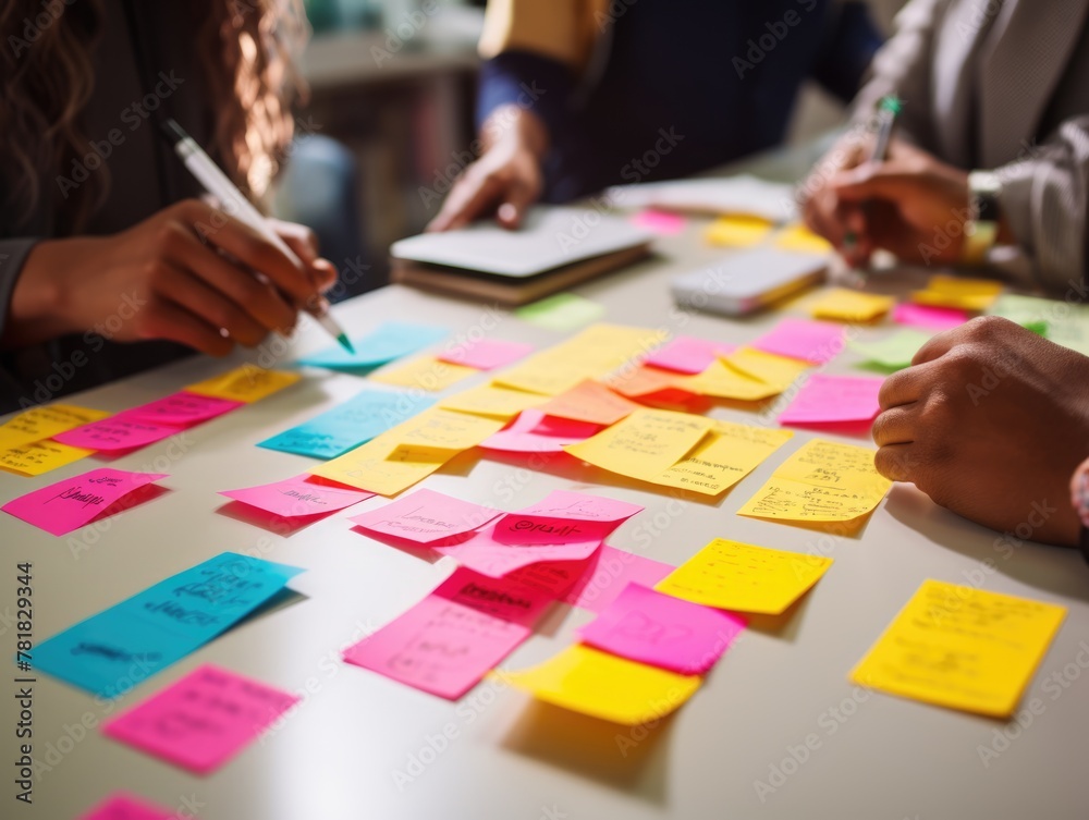 Poster Print Diverse team collaboratively brainstorming with colorful sticky notes on a bright table in a creative office environment 40x30 cm