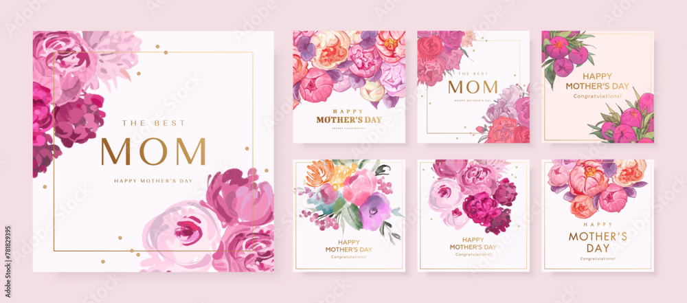 © AM_art - Mother's day poster, banner or greeting card set with hand drawn bouquet of flowers and golden text on white background. Vector illustration