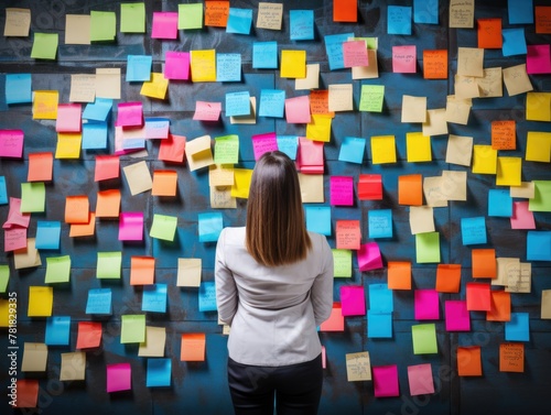 Woman Contemplating Multicolored Sticky Notes Wall. Rear view of a businesswoman analyzing a wall covered with a multitude of colorful sticky notes in a brainstorming session.

