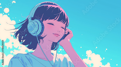 Cool Anime girl listening lofi music with headphones background . generative ai