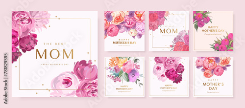 Mother's day poster, banner or greeting card set with hand drawn bouquet of flowers and golden text on white background. Vector illustration
