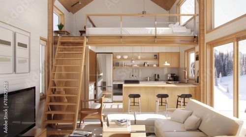 Create a small house with a lofted sleeping area to maximize floor space for living and entertaining   photo