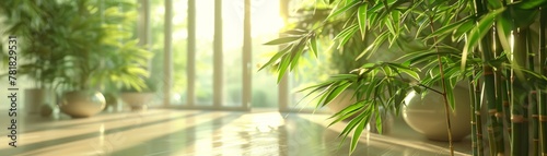 Bamboo, Green, Zen garden, modern office, sunny, 3D render, Rim lighting, Lens Flare