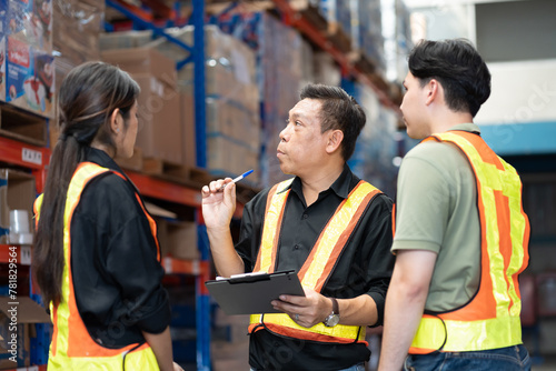 Male and female warehouse workers working and standing talking together at the storage warehouse. Group of warehouse workers discuss and training work in distribution branch