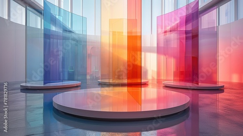 A central circular display stand with three clear glass panels, each with a different color gradient and shape. The background is white. Generative AI.