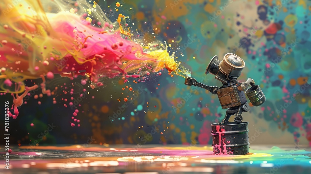 A robot throwing a bucket full of colourful water
