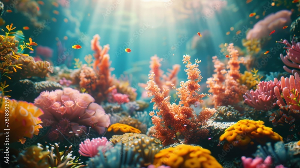 Colorful coral reef, Marine biologist, studying ecosystem conservation efforts in the tropics, undersea research laboratory, Sunny day, 3D render, Backlights, Depth of field bokeh effect - obrazy, fototapety, plakaty 