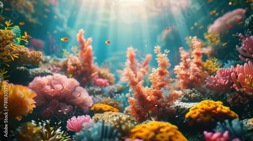 Colorful coral reef, Marine biologist, studying ecosystem conservation efforts in the tropics, undersea research laboratory, Sunny day, 3D render, Backlights, Depth of field bokeh effect