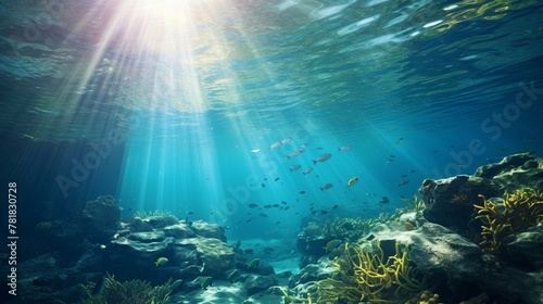 Small canyon underwater carved by the swell into the fore reef with sunlight through water surface photo