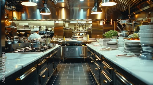 A fancy restaurant kitchen. Generative AI.