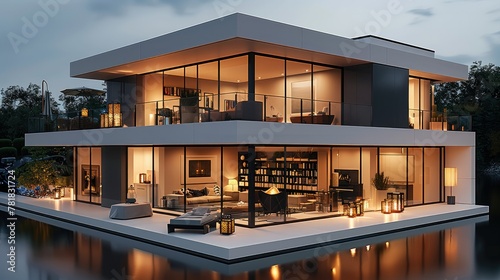 A white modern house with glass windows and doors, The interior is beautifully decorated in an elegant style, showcasing the living room, dining area, kitchen, master bedroom. Generative AI.