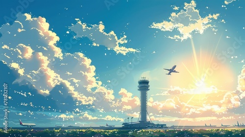 A passenger plane has just left the tower and flew into the sky. In the distance is the airport, with blue sky and white clouds, and bright sunshine. Vector illustration style. Generative AI.