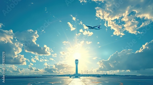 A passenger plane has just left the tower and flew into the sky. In the distance is the airport, with blue sky and white clouds, and bright sunshine. Vector illustration style. Generative AI. photo