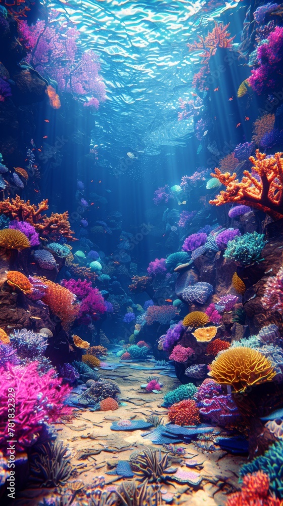Coral Reefs, vibrant ecosystem, bustling with marine life, thriving thanks to conservation efforts, 3D render, underwater lighting, chromatic aberration
