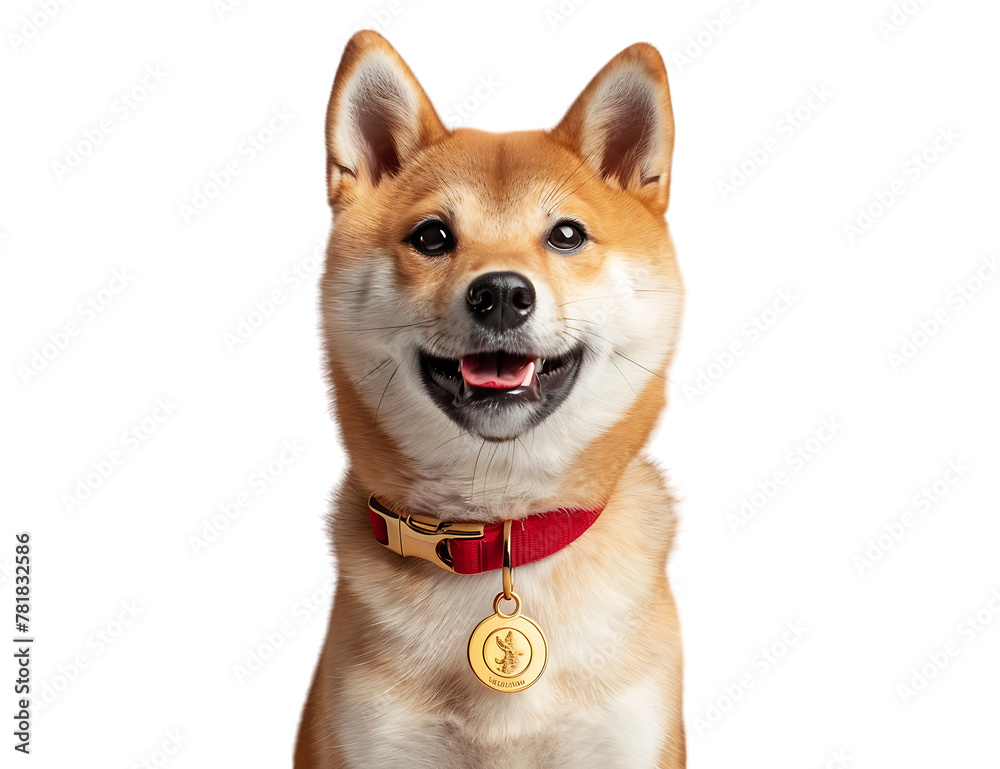 A cute Shiba Inu dog with a red collar on white background