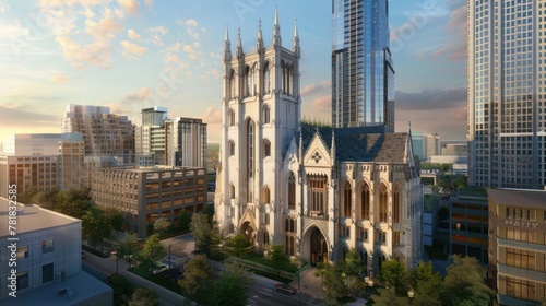 Design a Gothic-style skyscraper with pointed arches and flying buttresses, blending historic architecture with contemporary urban design   © Chaynam