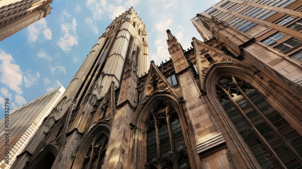 Design a Gothic-style skyscraper with pointed arches and flying buttresses, blending historic architecture with contemporary urban design  