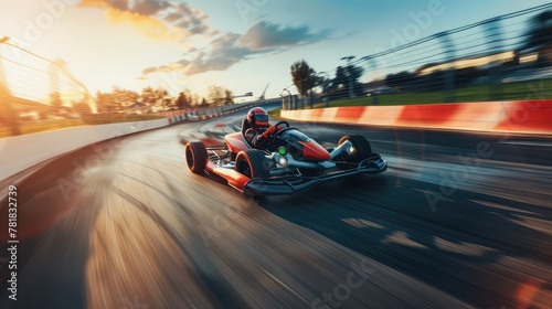 An electric go-kart zipping around a racetrack, with competitors vying for position and the sound of squealing tires echoing through the air. photo