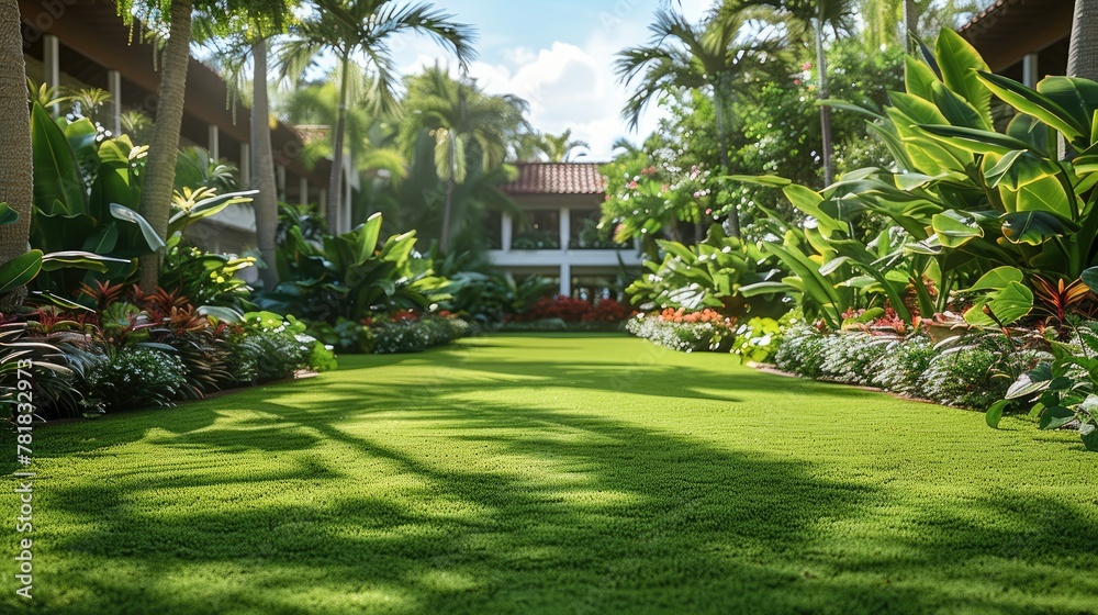 A large grassy courtyard, tropical plants on the edges. Generative AI.