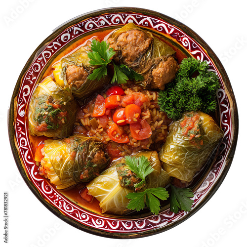 Front view of Malfouf with Lebanese stuffed cabbage rolls, featuring cabbage leaves stuffed with a mixture of rice, ground meat, tomatoes, and spices, isolated on a white transparent background photo