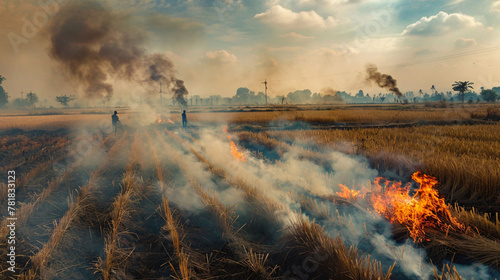 Stubble burning in the dry paddy field.