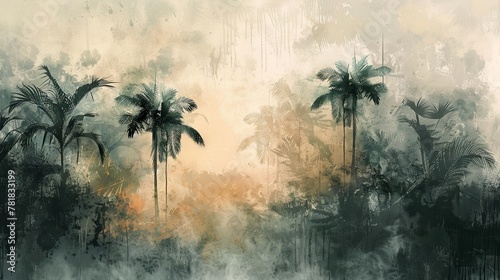 enchanting abstract background, showcasing tropical trees in soft muted tones. © taelefoto