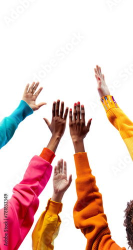 A colorful photo of six hands reaching towards each other on white background