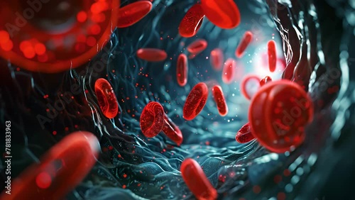 video ai of a representation of the inside of a vein or artery, A close-up of red blood cells on a blue background. Concept of life and vitality, as red blood cells are the life force of the body. photo