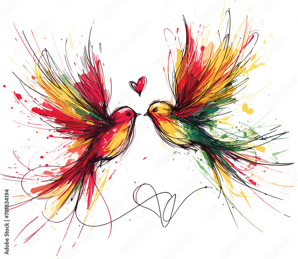 Obraz premium Adobe Illustrator Artwork a colorful drawing line art of two love birds flying towards each other, water color splashes love and freedom vector illustration