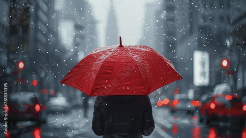 Back view of a person walking with a red umbrella on a street. Generative AI. © visoot