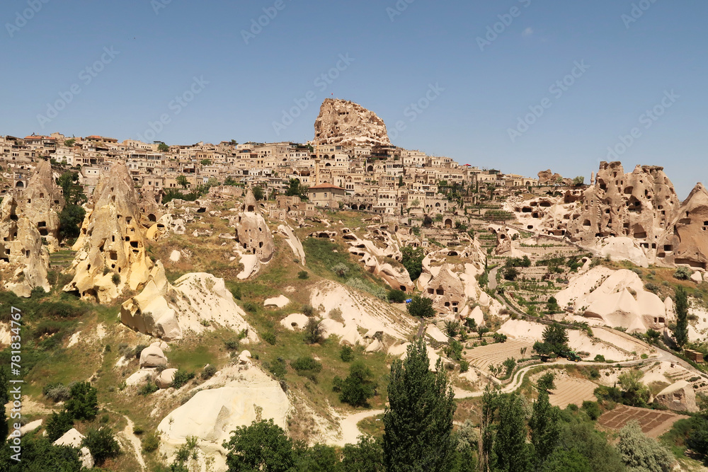View onto the town of Uchisar, close to the Pigeon Valley, Güvercinlik Vadisi, Cappadocia, Turkey