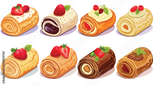 Pancakes with different stuffings set. Rolled crepe