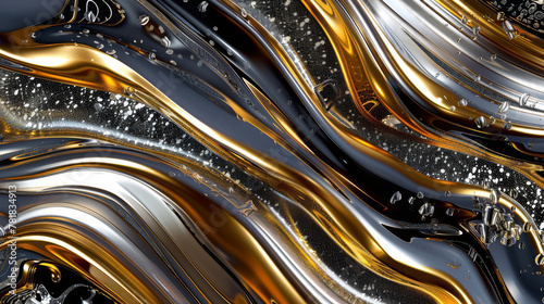 Artistic depiction of liquid gold and silver snaking through a sea of dark colors, creating a luxurious abstract pattern,