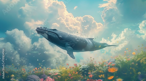 A surreal scene of a huge blue whale swimming in the sky with clouds over a moutain with flowers